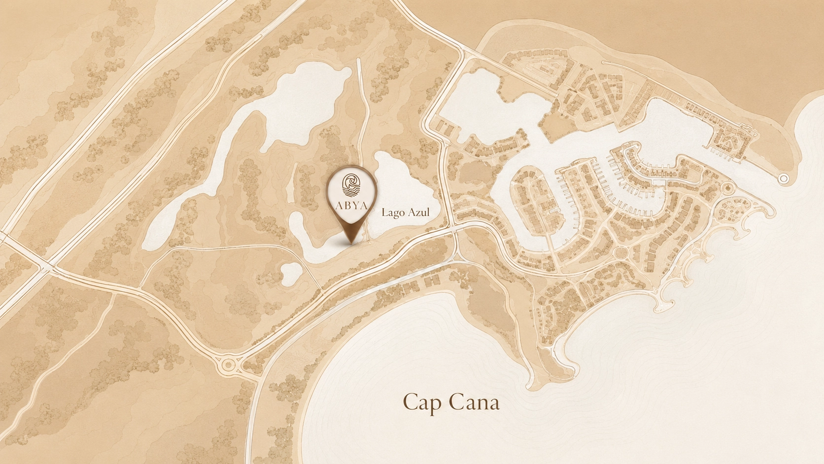 Mapa ilustrado de Cap Cana con la ubicación de ABYA frente al Lago Azul